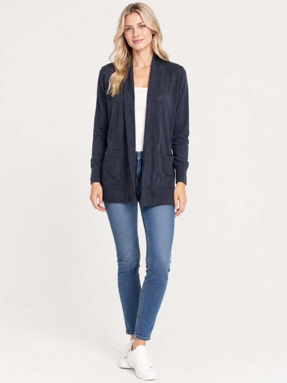 2/$30 Lands' End Open-Front Cotton Cardigan with Patch Pockets Charcoal #A5031